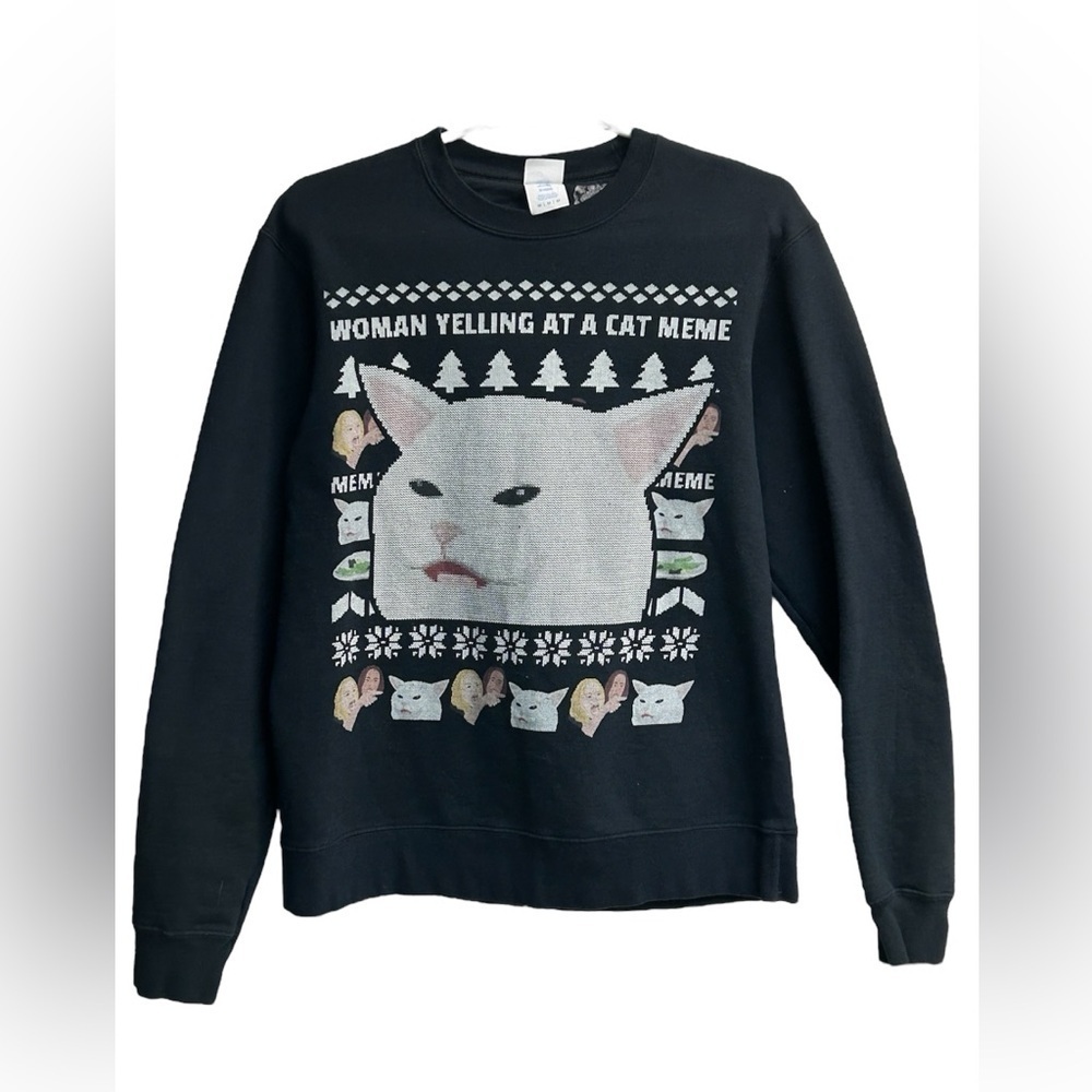 Port & Company Fan Favorite Woman Yelling At A Cat Meme Black Sweater Women Sz M